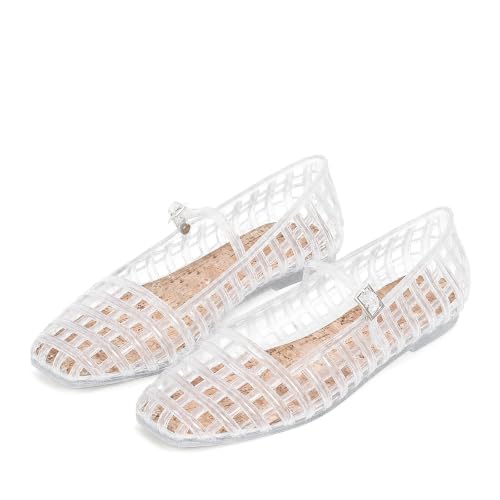 RJYLP Clear Jelly Mesh Ballet Flats for Women Hollow Square Toe Jelly Sandals Beach Ballerina Flats Summer Cute Mary Jane Shoes by RJYLP - Used condition - US$33.11