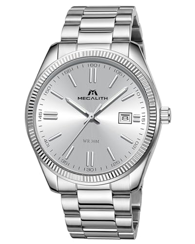 MEGALITH Uhren Herren Edelstahl Armbanduhr: Silber Wasserdicht Analog Herrenuhren - Klassisch Einfach Design Uhr mit Datum Leuchtend - Geschenke für Business Lässig Männer