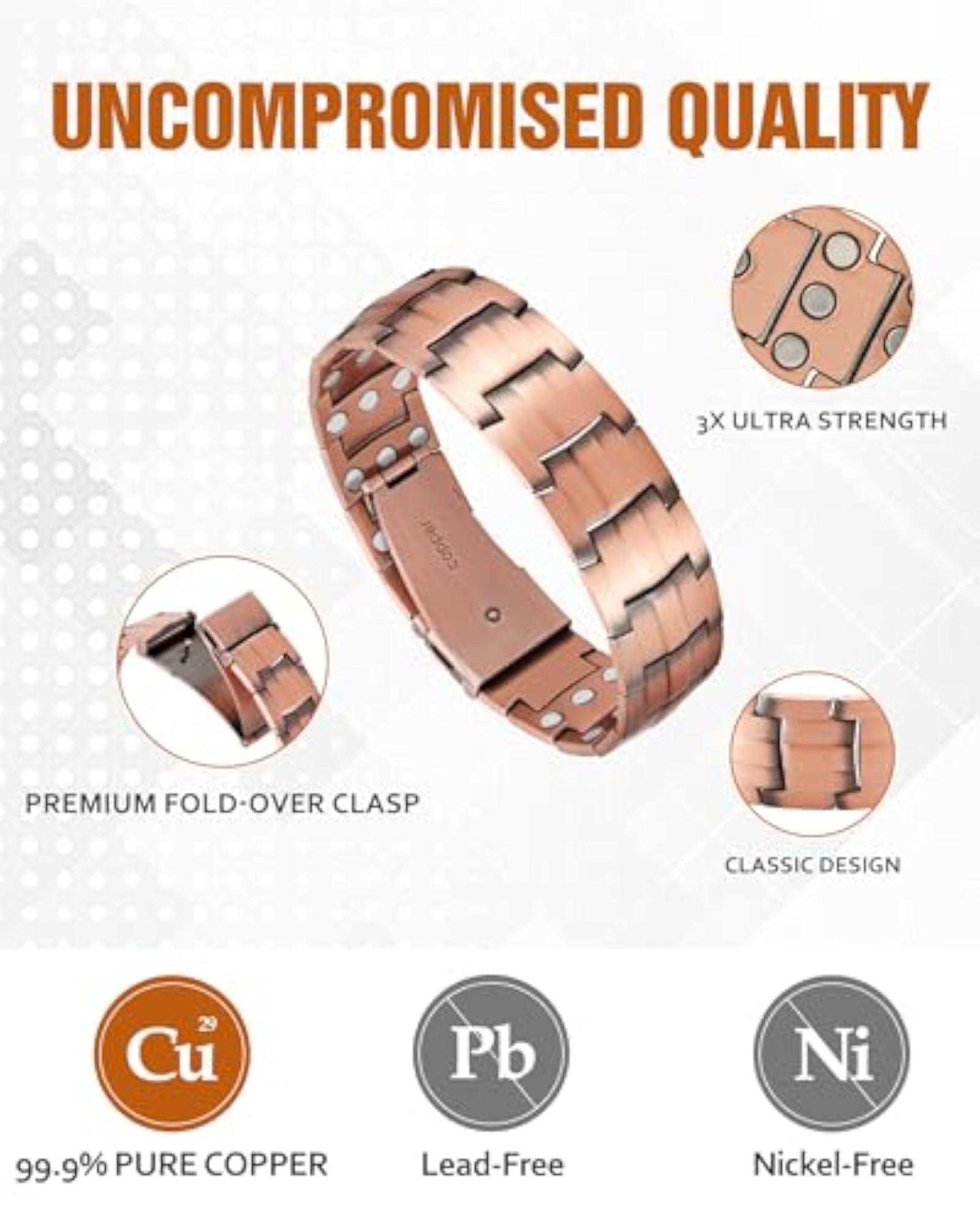 Men's Pure Copper Magnetic Bracelet, 3X Ultra Strength
