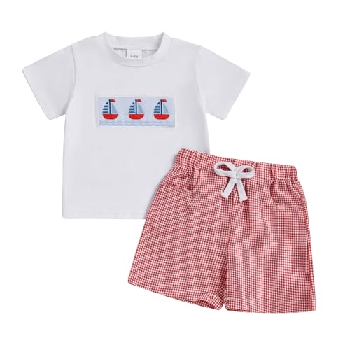 Image of 4th Of July Toddler Boy Outfit Popsicle American Flag T-Shirt and Gingham Plaid Shorts Set Independence Day Clothes