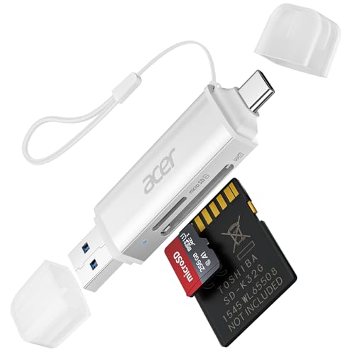 acer Lector de Tarjetas SD/Micro SD, Adaptador de Lector Tarjetas USB C y USB 3.0 Dual Conector, Compatible con SD/Micro SD/SDHC/SDXC/MMC para iPhone 15 Pro, MacBook Pro/Air, Galaxy S22, Plata
