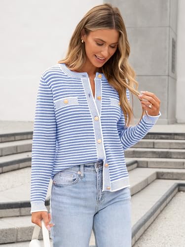 Image of ANRABESS Women's Striped Cardigan Sweaters Casual Long Sleeve Open Front Button Down Knit Cropped Jackets Fall Coat Outerwear