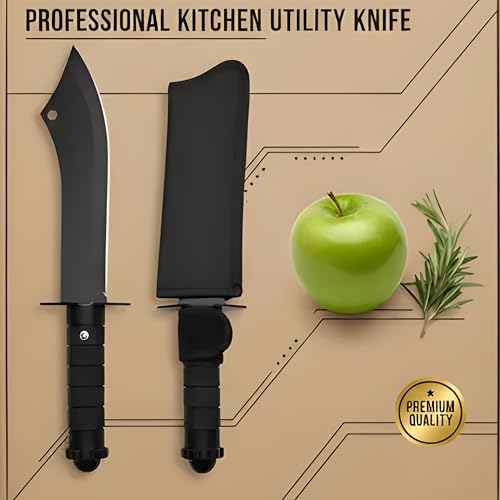 Image of Kitchen Meat Cutting Knife with Protective Sheath | Stainless Steel Heavy Duty Chopping Knife for Meat, Fish & Vegetables | Ergonomic Non-Slip Handle