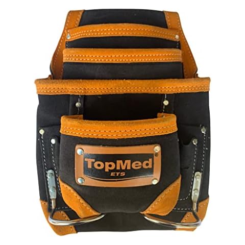 TOPMED ETS Premium Versatile Tool Bag, Heavy Duty Leather Bag with Multiple Pockets for Electricians, Barbers, Plumber Construction & Factory Workers. Reinforced Seam, Professional Grade Cover