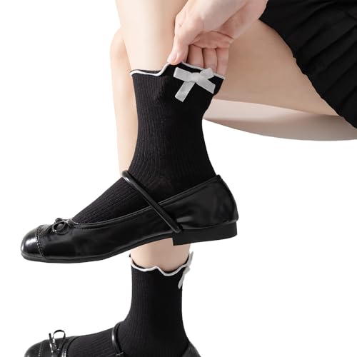 Image of Women's Cute Ankle Ruffle Socks with Bow, Soft Breathable Cotton Lace Bow Ribbed Design Socks, 5 Pairs, Size 5-10