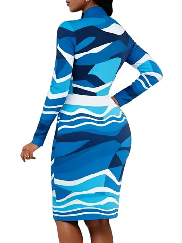 Image of MsavigVice Bodycon Dress Women Mandarin Collar Long Sleeve Knee Length | Vibrant abstract prints with bold varied hues, soft stretch fabric contours curves for sleek versatile everyday styling