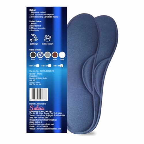 Image of Footvital Memory Foam Shoe Insoles - Size 8 (Blue) (1 Pair) - Comfort Cushion Insoles for Men & Women, Shock Absorbing Shoe Inserts for Everyday Walking, Work Shoes & Sneakers - Soft Fit Foot Support