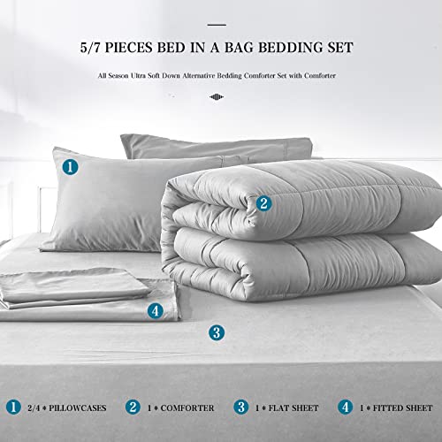 Full Size 7 Pieces Bed In A Bag Bedding Set - Lightweight Light Grey Comforter Set, All Season Ultra Soft Down Alternative Bedding Comforter Set With Comforter, Pillowcase, Flat Sheet, Fitted Sheet #TOP5