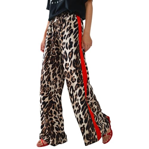 Leopard Print Pants for Women Cheetah Printed Side Striped Color Block Straight Leg Wide Leg Pant Drawstring Trousers