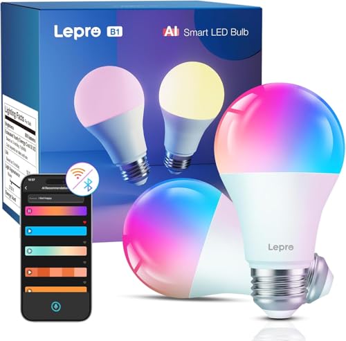 Lepro - Lepro B1 AI Smart Bulbs, Colour Changing Light Bulb, Work with Alexa and Google Assistant, WiFi & Bluetooth LED Light Bulbs, RGBWW Dimmable, Music Sync, Via Lepro App, LLM, A19 E26 800 Lumen, 2 Packs - -15%