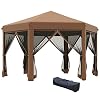 Outsunny 13 x 11 Hexagonal Pop Up Gazebo Heavy Duty Outdoor Canopy Tent with 6 Mesh Sidewall Netting 3 Level Adjustable Height and Strong Steel Frame Brown