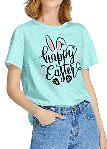 Image of Women Happy Easter T Shirt Bunny Rabbit Graphic T-Shirt Funny Letter Printed Shirts Short Sleeve Tops