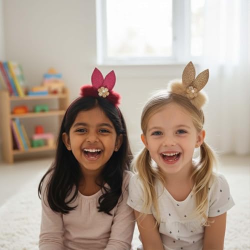 Image of Alvero 1Pc Fluffy Bunny Ear Hairband for Girls, Soft Faux Fur Headbands with Glitter Ears & Floral Design - Cute Kids Hair Band for Party, Birthday (Any Random Color)