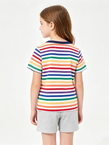 Image of LittleSpring Boys Girls T Shirt Rainbow Striped Cotton Crewneck Tees for Kids Fashion