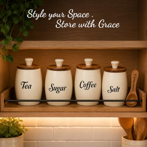 Image of Ceramic Tea Coffee Sugar Salt Containers Set of 4 with Wooden Spoons & Lids | Jar & Container for Kitchen Storage Set | Multi Utility Air Tight Kitchen Organizer Item (Hand-Painted, 400 ML)