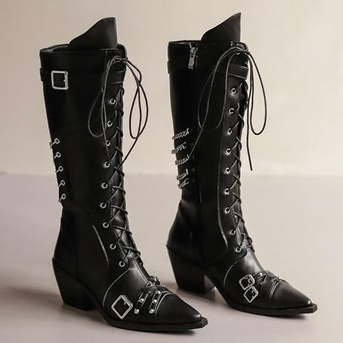 KysBloes Women Gothic Knee High Cowboy Boots Pointed toe Patent Leather Tall Boots with Chain,Victorian Goth Boots Lace Up Knee High Boots4