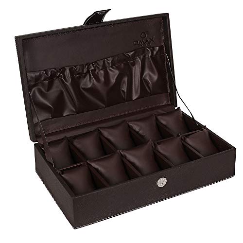 OMAX Men’s and Women’s Solid Wood Jewelry Storage Watch Box Organizer – 10 Large Slot Watch Holder | Artificial Leather Framed | Sturdy and Secure with Magnetic Lock and Pillow Case | Dark Brown