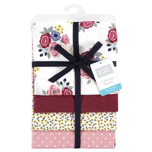 Image of Hudson Baby Unisex Baby Cotton Poly Flannel Receiving Blankets, Blush Navy Floral, One Size