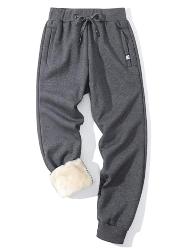Flygo Men's Fleece Pants Winter Warm Joggers Pants Active Sherpa Lined Sweatpants(Rib Bottom Dark Grey-XS)