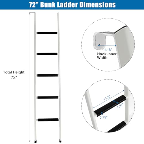 Image of Anti-Slip RV Bunk Ladder, 72in Integrated Heavy Duty Steel, White | Camper Bunk Bed Ladder with Anti-Slip Rubber Foot Pads and Hooks
