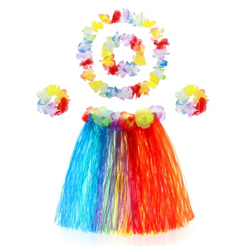 Abeillo Hawaii Hula Rock, 5er Hawaiianischer Hula Grasrock für Mädchen, Hula Tanzrock mit Blumen Kostümzubehör, Hawaiianische Hula Party Verkleidung für Mädchen Tropische Party-Dekorationen 40cm Bunt