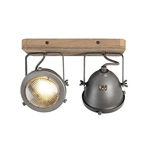 Qazqa Plafón industrial acero madera orientable 2-luces - EMADO/Acero Alargada Adecuado para LED Max. 2 x 25 Watt