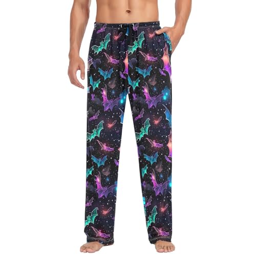 Men's Colorful Bat Pajama Pants with Pockets - Straight Fit Cotton Sleep Bottoms for Lounge & Nightwear#634