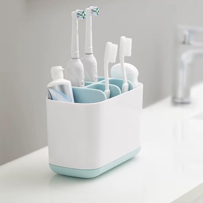 Image of LUXART Toothbrush Holder | Multipurpose Bathroom Organizer with Drainage System | 17.5 x 9 x 11.5 cm White & Blue Large Capacity Caddy for Electric Toothbrushes Toothpaste and Skincare Accessories