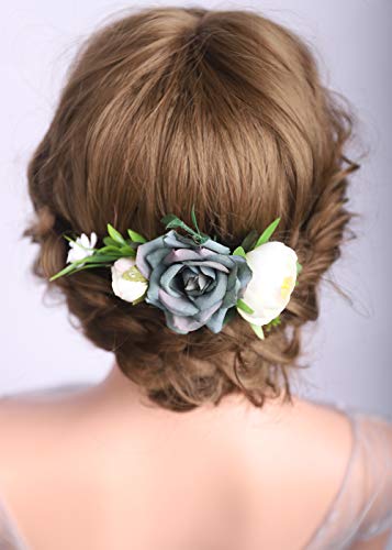 Deniferymake-up - Peine para el pelo con diseño floral, color marfil y azul oscuro