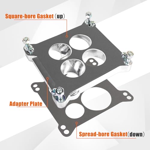 Edelbrock Carburetor Adapter 2696, Aluminum Carburetor Carb Spacer Plate 0.85 inch, Square Bore to Spread Bore Carburetor Adapters Kits for Stock Quadrajet & Thermo-Quad Manifold with Flange Gaskets - Thumbnail 4
