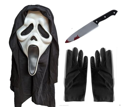 Il kit include: maschera in lattice con cappuccio, guanti e coltello in plastica