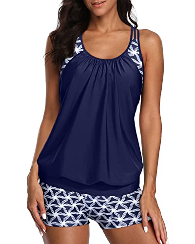 Image of Yonique Two Piece Tankini Bathing Suits T-Back Blouson Swim Tops with Boy Shorts Women Swimsuits Sporty Swimwear Blue Geometric XS