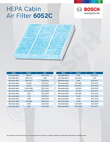BOSCH 6052C HEPA Cabin Air Filter - Compatible With Select Mercedes-Benz AMG GT, C250, C300, C350, C63, CLS400, CLS550, CLS63, E250, E350, E400, E550, E63, GLK250, GLK350, SL400, SL450, SL550, SL63/65