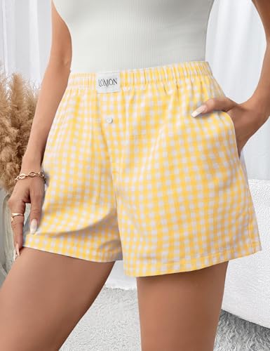 Image of LOMON Boxer Shorts for Women Summer Gingham Pajamas 2026 Lounge Sleep Pj Plaid Shorts Y2K Beach Bottoms with Pockets