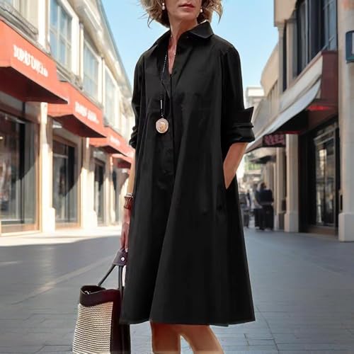 Womens 2025 Long Sleeve Button Down Shirt Summer Dress Casual V Neck Loose Fit Midi Shirt Dresses with Pockets3