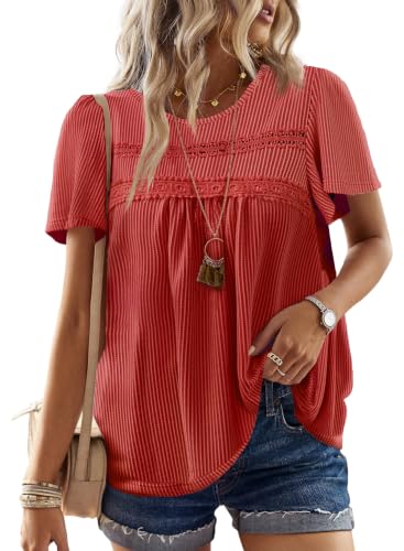 Falechay Womens Blouses Boho Cute Lace Tunics Stretchy Bright Red 2XL