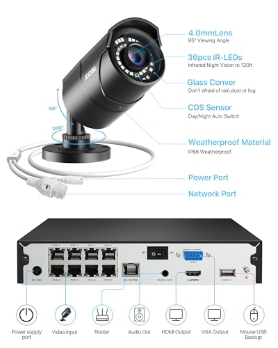 Image of ZOSI 4K PoE Security Camera System Outdoor, 8CH PoE NVR (16CH Expandable) with 2TB HDD, 8 x 5MP 3K Bullet IP Cameras Indoor, Human Vehicle Detection, 120ft Night Vision, Remote Access, 24 /7 Recording