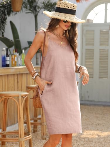 Image of Women's 100% Linen Dress Spaghetti Strap Adjustable Strap V Neck Sleeveless Sundress Summer 2026 Beach Vacation