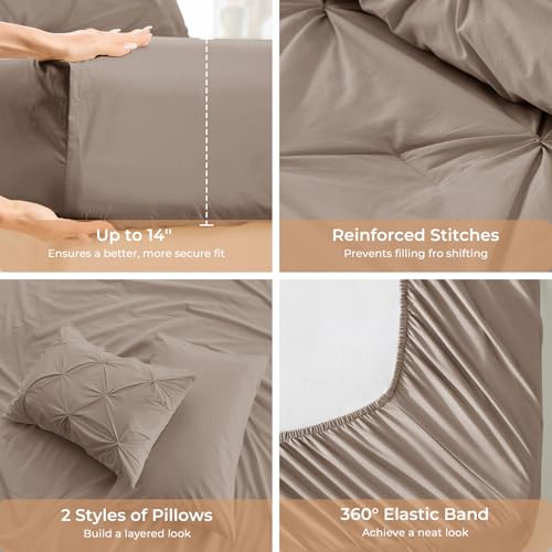Image of Sasttie Oversized Queen Comforter Set, 7-Piece Bed in a Bag, Pintuck Bedding Sets for All Season, Includes Comforter, Flat Sheet, Fitted Sheet, Pillowcases and Pillowshams, Dark Linen