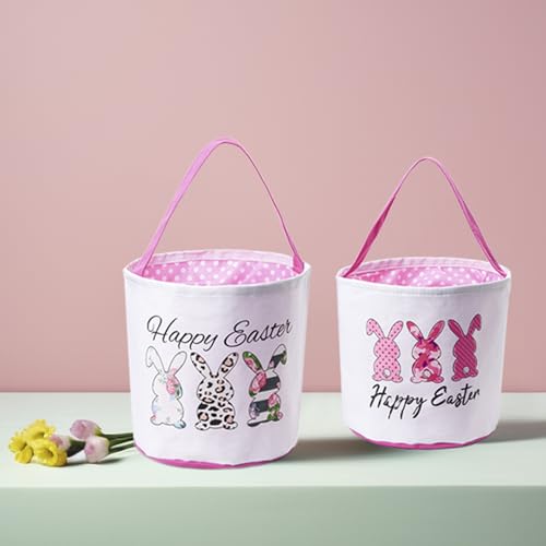 Image of Easter Basket, Personalized Candy Egg Basket Rabbit Print Buckets with Fluffy Tail Gifts Bags for Egg Hunts Easter Eggs gifts (Pink Style 1)