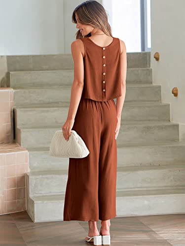 Image of ANRABESS Women's Summer 2 Piece Outfits Sleeveless Tank Crop Button Back Top Cropped Wide Leg Pants Set Pockets