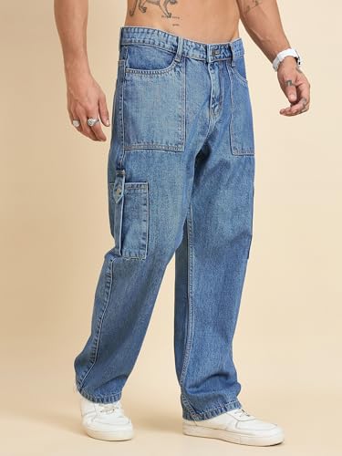 Image of STUDIO NEXX Men's Baggy fit Denim Cargo Pants |Non Stretchable| Wide Leg Jeans| Cargo Jeans|Baggy Cargos for Men
