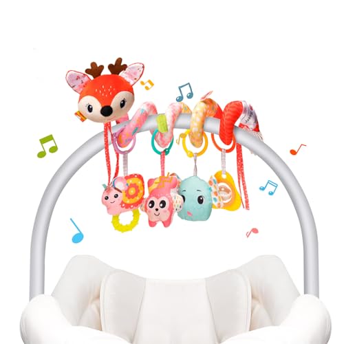 Image of Car Seat Toys, Cute Deer Car Seat Toys for Babies 0-6 Months Boy, Stroller Toys with Crinkle, Teether, Music Box, Rattle, BB Squeaker for 0 3 6 9 12 Months Babies Infant Boys Girls Gifts (Cute Deer)