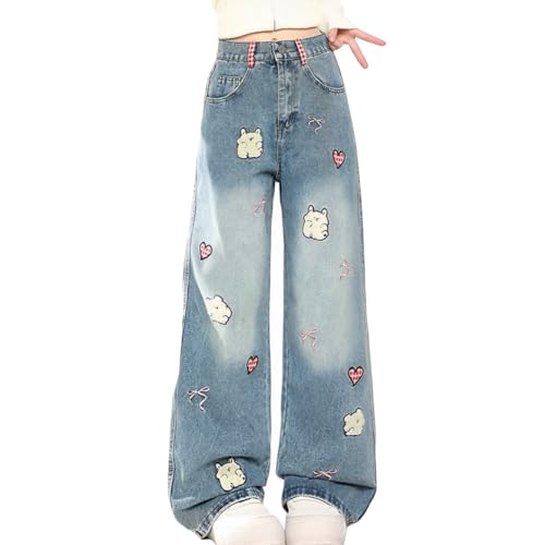 Fashion Kawaii High Waisted Straight Leg Jeans for Women Y2K Cute Printed Embroidered Patchwork Denim Pants