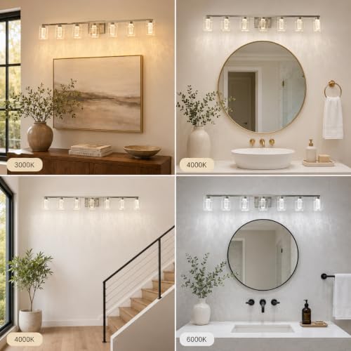 Image of 7-Light LED Vanity Light Fixtures for Bathroom,Electroplated Nickel | Bathroom Light Fixtures Over Mirror, 3 Color Lighting, Crystal Bubble Glass & Clear Glass Shade, Modern Vanity Light