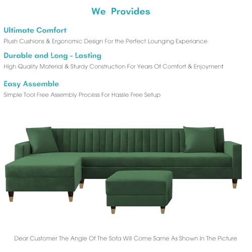 Image of Casaliving Garcia LHS 8 Seater L Shape Sofa Set with Ottoman & 2 Puffy for Living Room (Green) Premium Fabric Sofa Set for Living Room