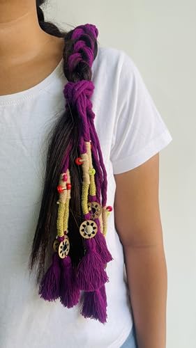 Image of Zippy Flora Neelima Cotton Parandi (Purple) | Traditional Boho Handmade Paranda Hair Accessory with Braid Tassels | Women's Ethnic Hair Extension for Choti, Braids & Patiala Shahi Hairstyles