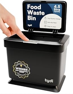 Tydi 4.5L Food Waste Bin with Press-Button Lid (2 Pack) – Compost Bins for Kitchen - Anti-Slip Base and Secure Lid Kitchen Compost – Small Indoor Caddy for Cupboard or Countertop – Black