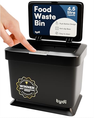 Tydi 4.5L Food Waste Bin with Press-Button Lid (2 Pack) – Compost Bins for Kitchen - Anti-Slip Base and Secure Lid Kitchen Compost – Small Indoor Caddy for Cupboard or Countertop – Black