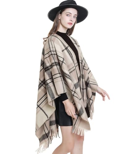 Women's Oversized Warm Shawls Classic Plaid Patterns Wrap Cape with Tassel Shawl for Fall and Winter3